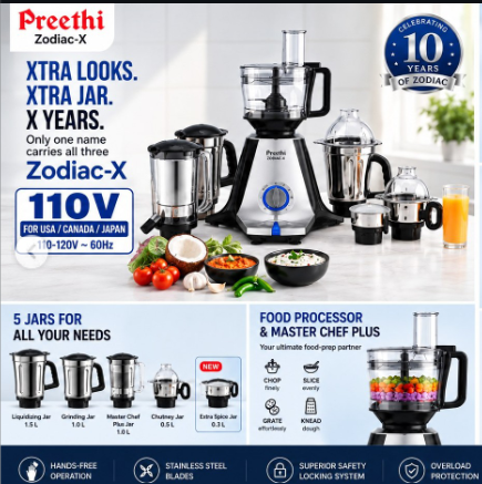 Preethi Zodiac X 110V for USA, Canada and Japan – 6 jars, food processor and Master Chef+ features infographic
