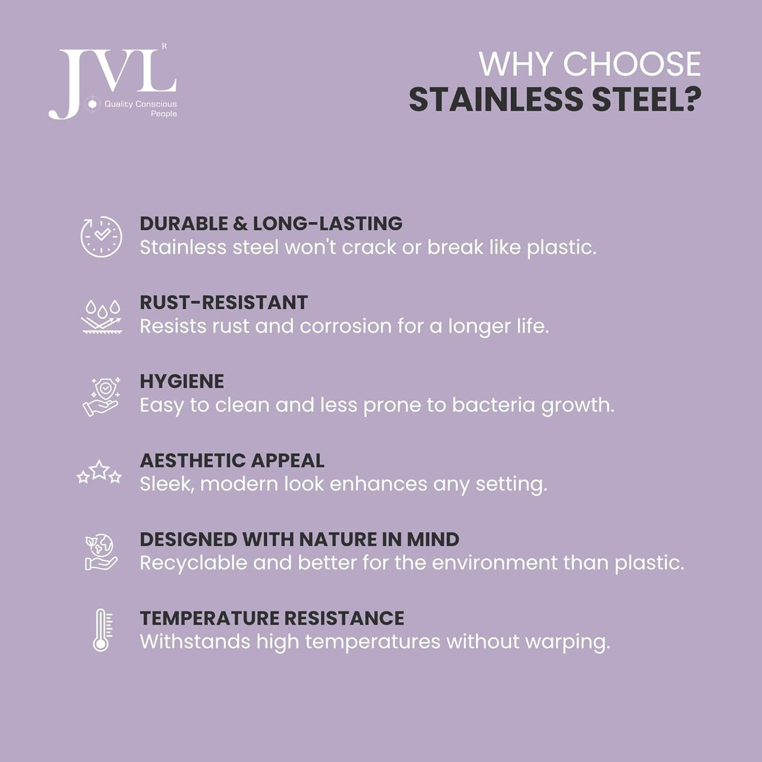 JVL stainless steel benefits on a purple background