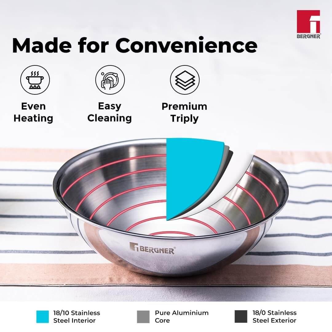 BERGNER Argent TriPly Stainless Steel Tasra with Lid - Induction & Gas Compatible Food Safe Cookware