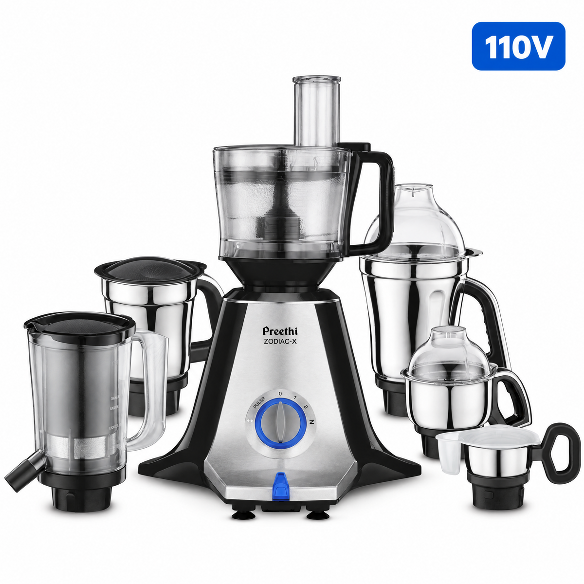 Preethi Zodiac X MG 297 110V mixer grinder with Master Chef+ food processor, juicer jar and stainless steel jars, silver and black