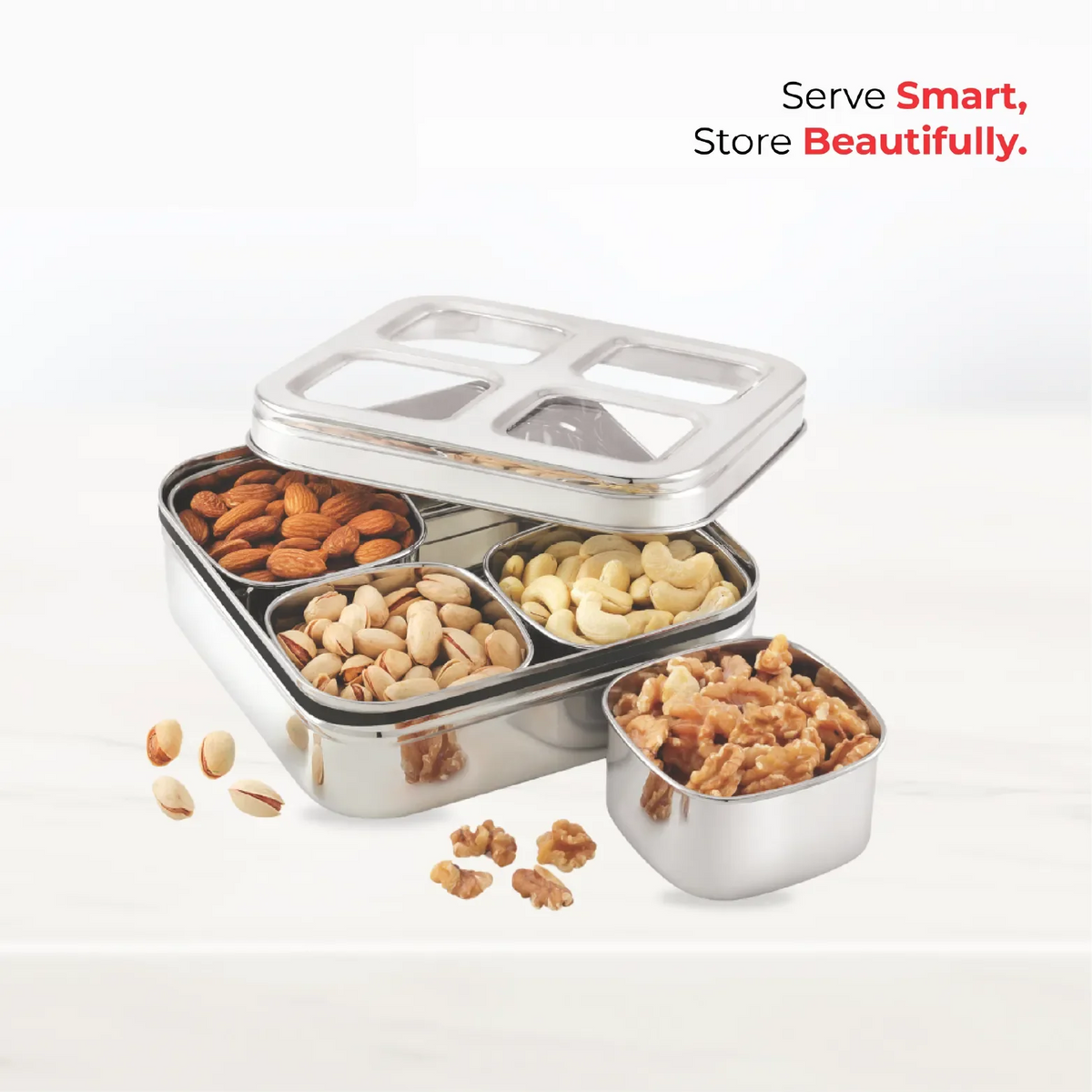 JVL Vista 4 cup dry fruit tin with removable inner cups and see-through lid\