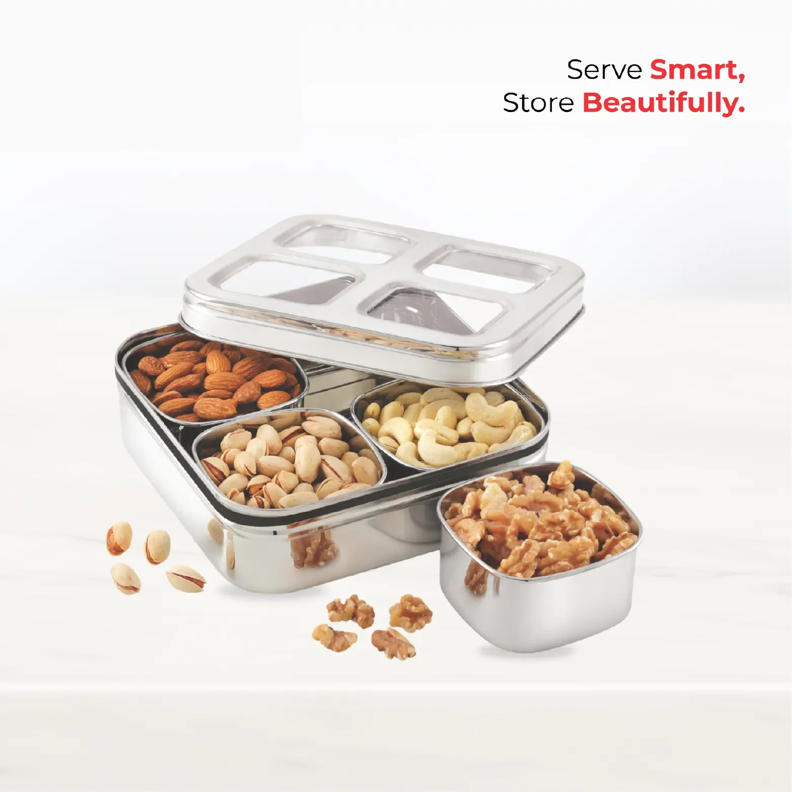 JVL Vista 4 cup dry fruit tin with removable inner cups and see-through lid\