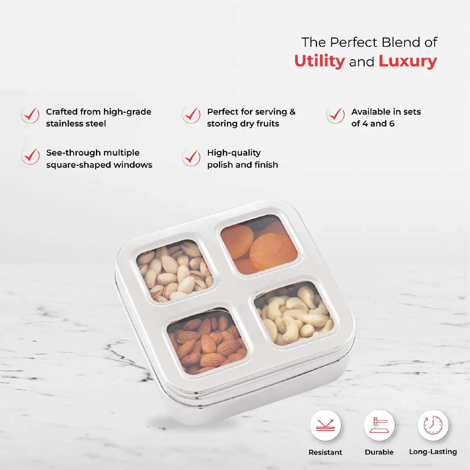 JVL Vista spice and dry fruit storage tin 19x19x6.5 cm 4 compartments
