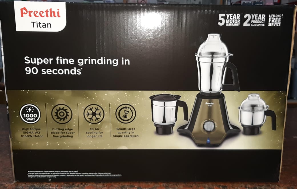 Preethi Titan Mixer Grinder with grinding jar attached, ready for use