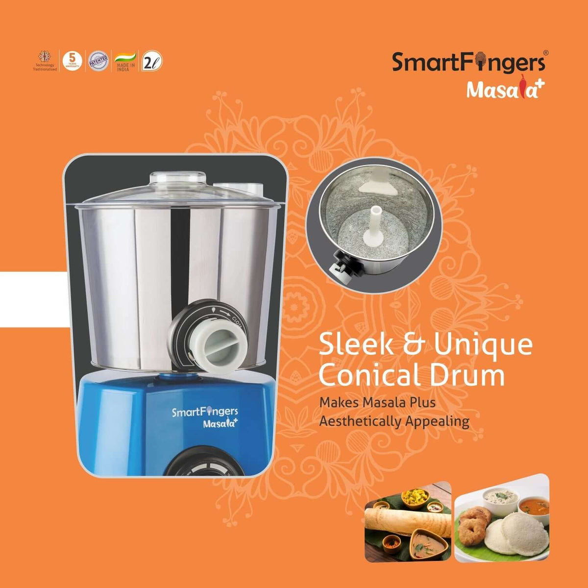 SmartFingers Masala Plus 2L Wet Grinder with Batter Dispenser with atta kneader & coconut scrapper