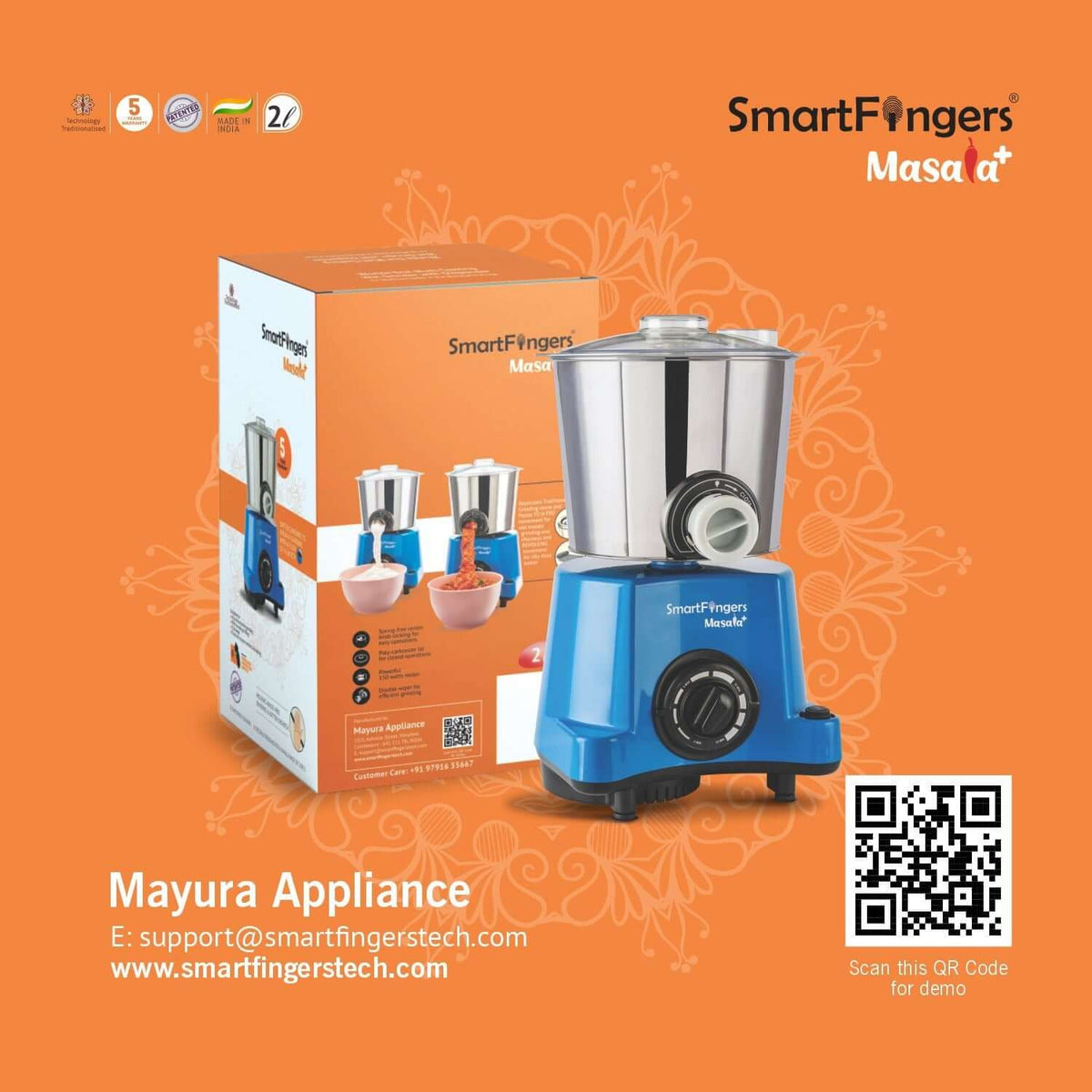 SmartFingers Masala Plus 2L Wet Grinder with Batter Dispenser with atta kneader & coconut scrapper