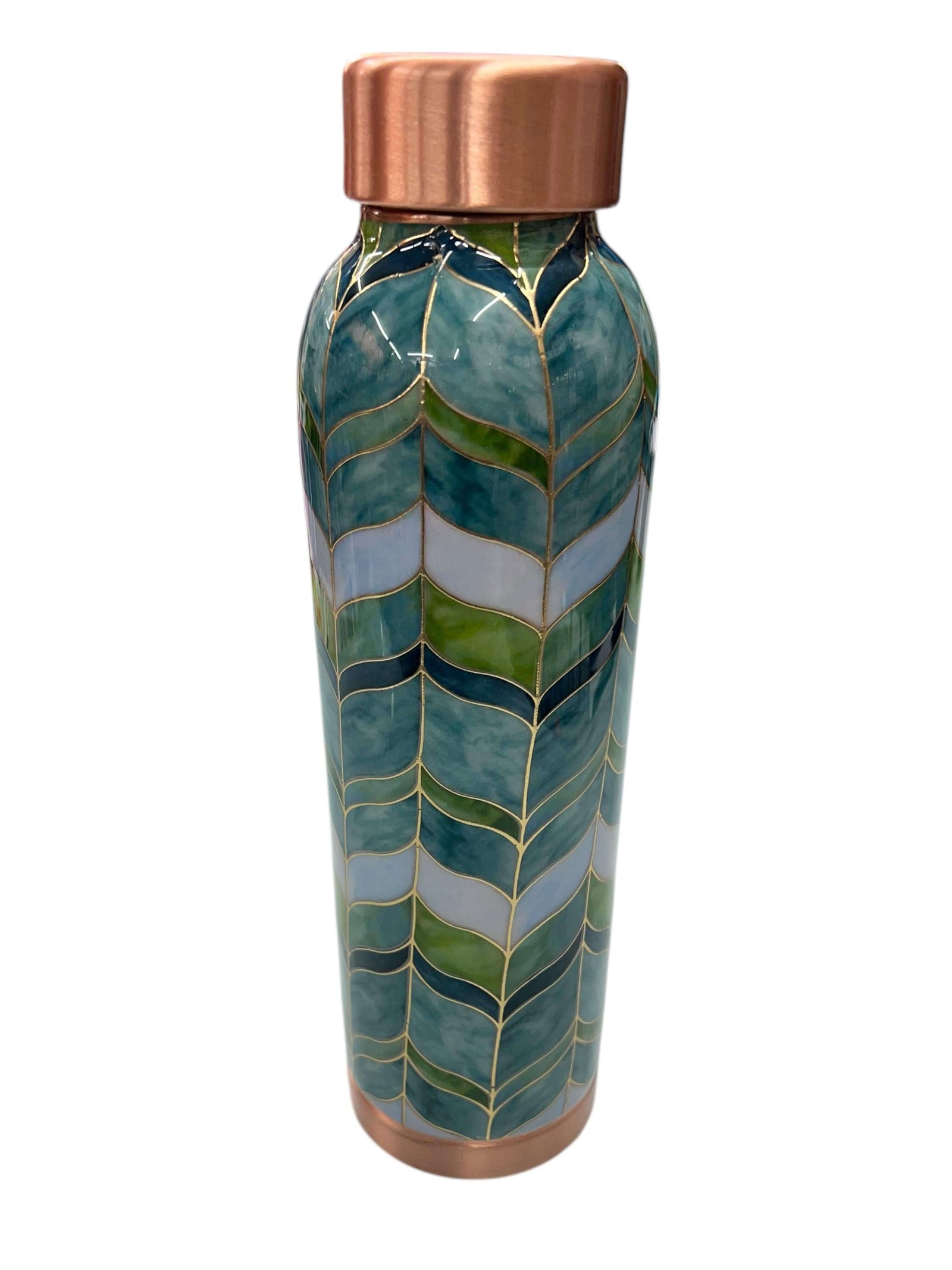 Pure copper 1000ml water bottle with decorative green leaf design