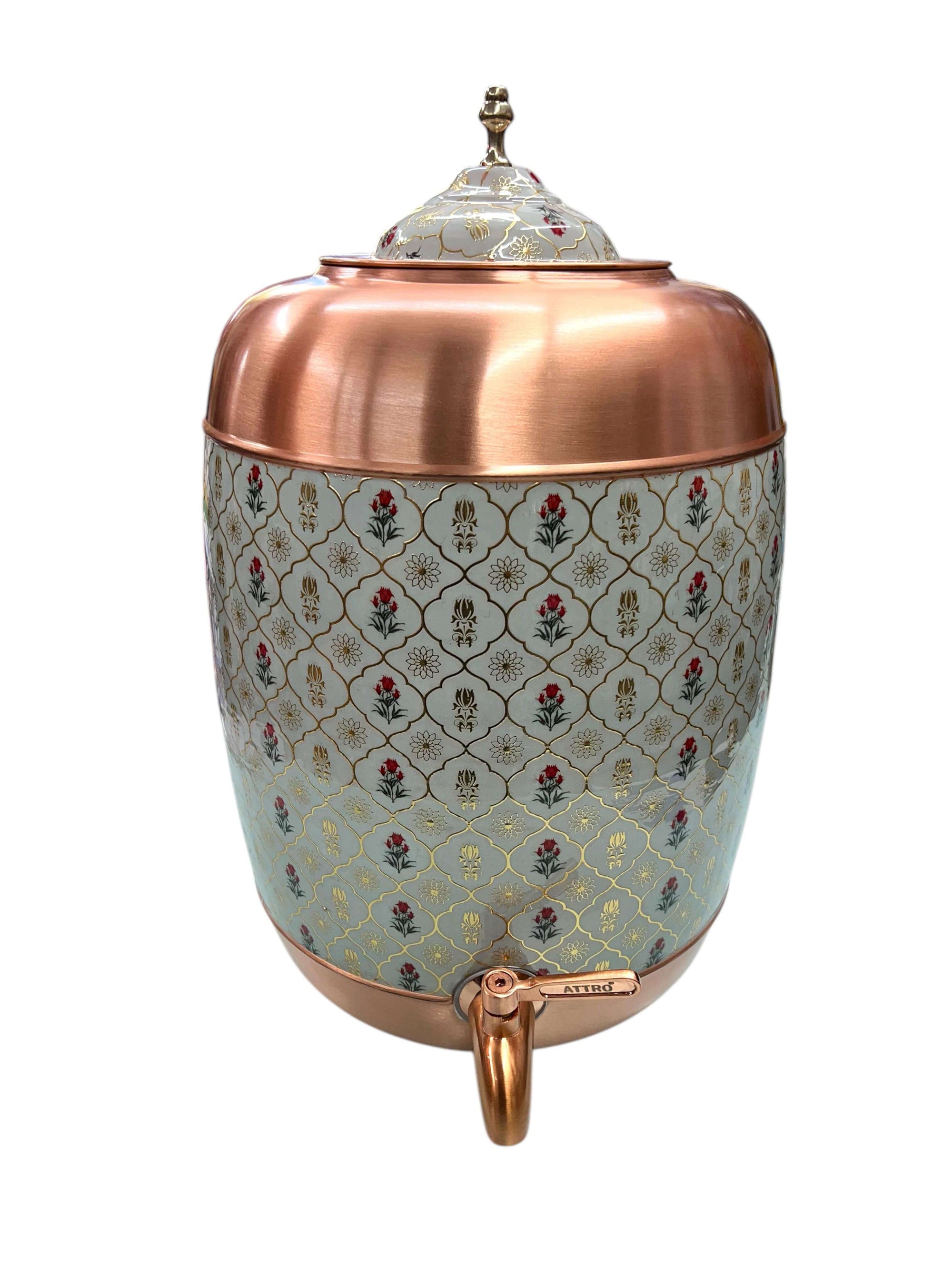 ATtro Kubera copper water dispenser with sea green floral pattern and brass tap