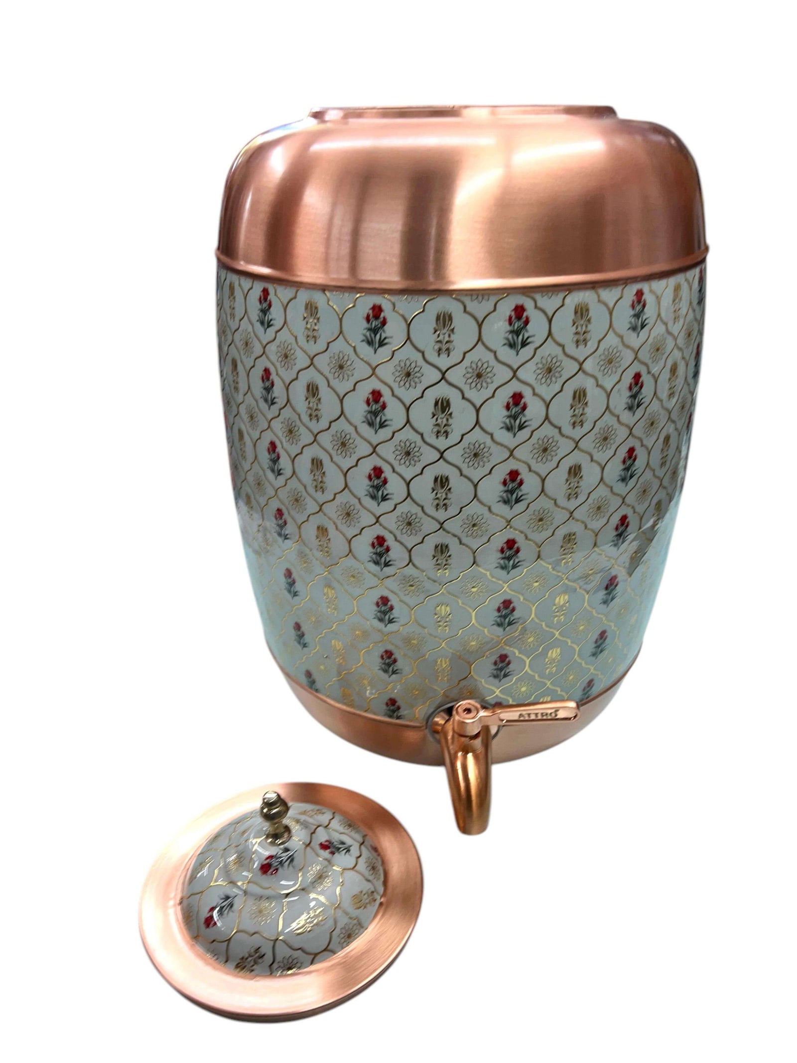 ATtro Kubera copper water dispenser with sea green floral pattern and brass tap