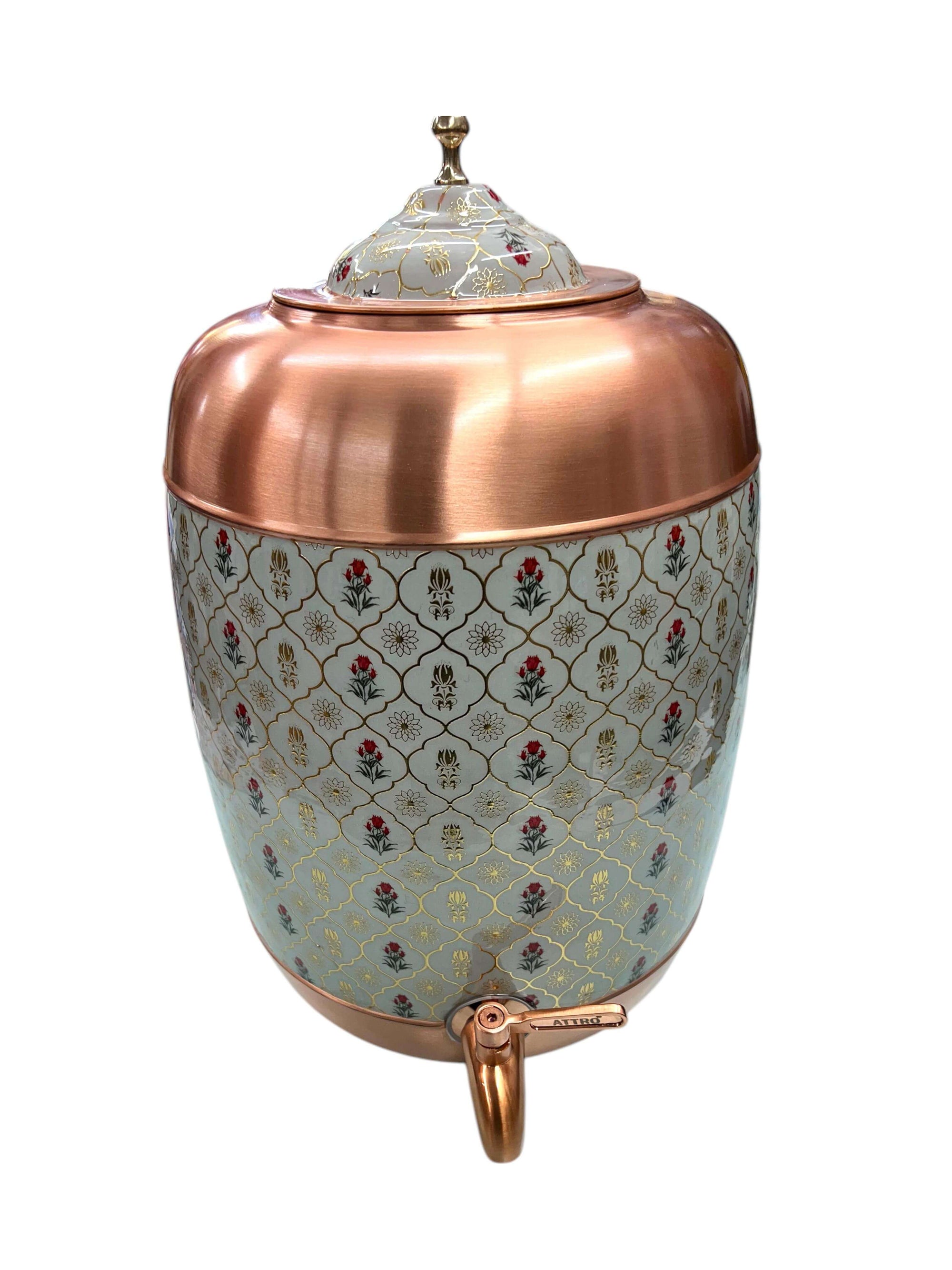 Premium copper water dispenser with decorative sea green finish and matching lid