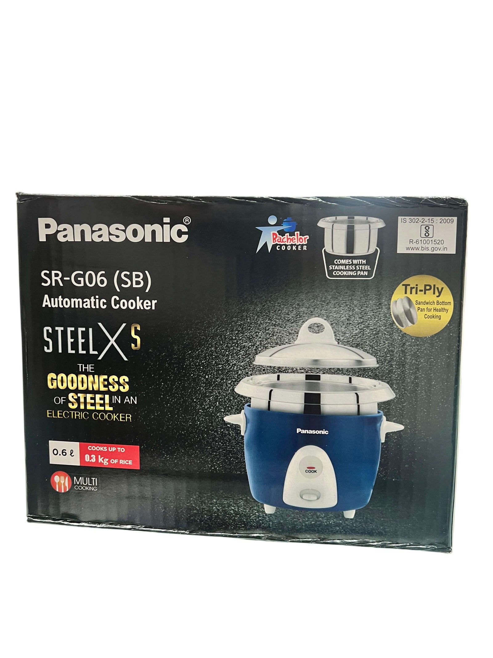 Panasonic SR-G06 automatic rice cooker with blue body and stainless steel tri-ply cooking pan
