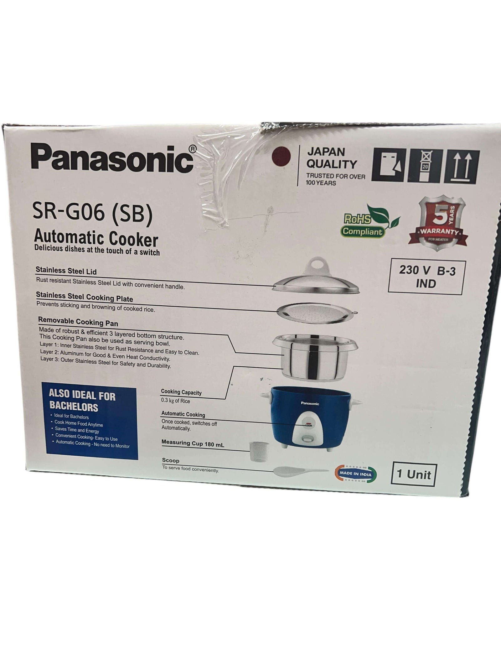 Panasonic SR-G06 rice cooker showing tri-ply sandwich construction technology