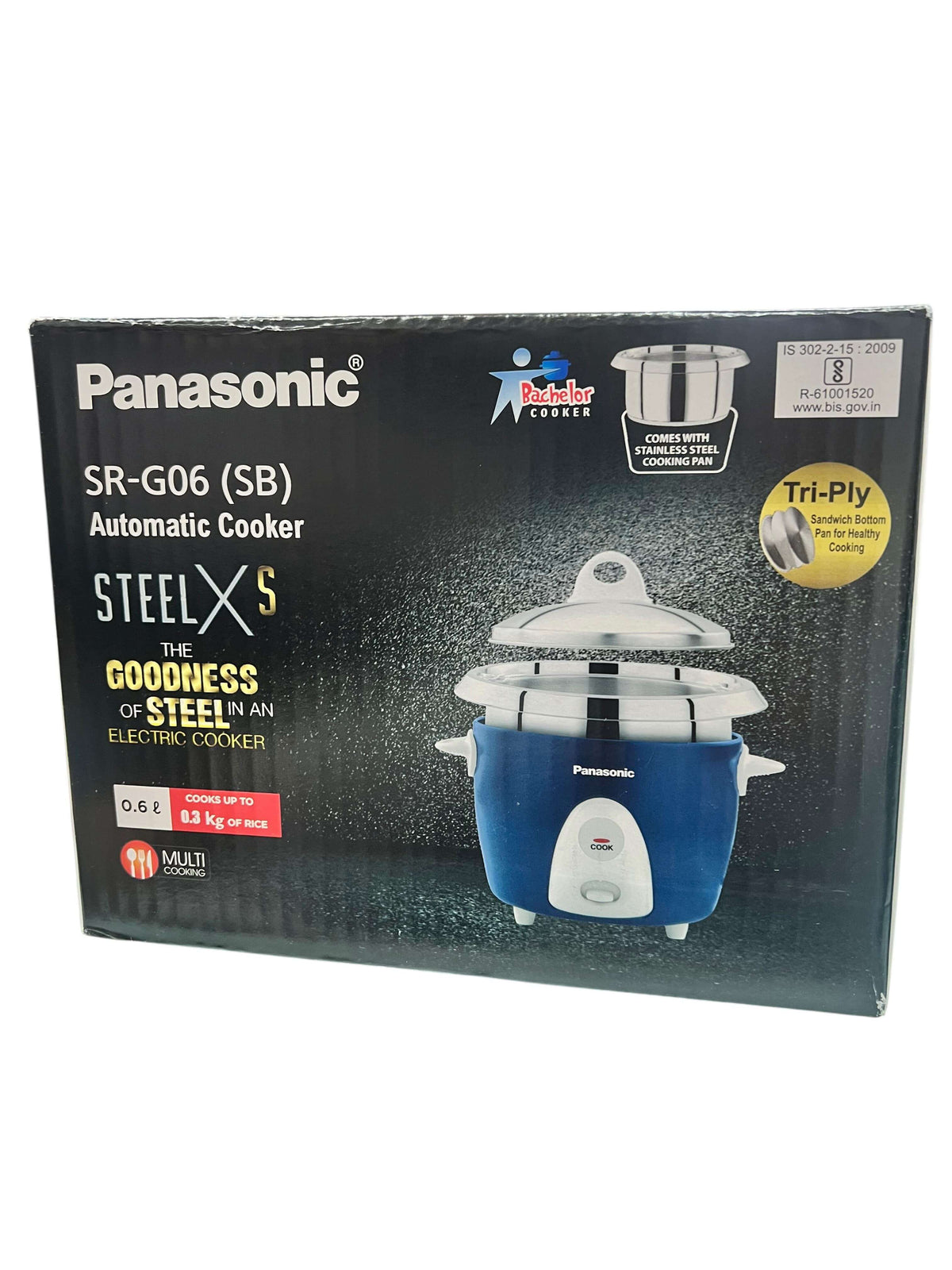 Panasonic SR-G06 rice cooker packaging showing 5-year warranty and RoHS compliance