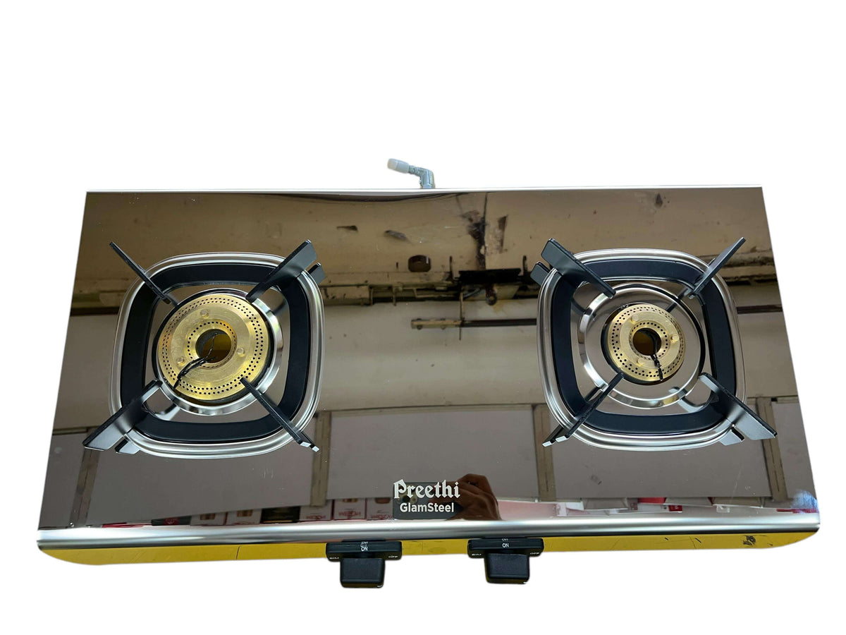 Premium stainless steel Preethi Glamsteel gas stove with two efficient burners