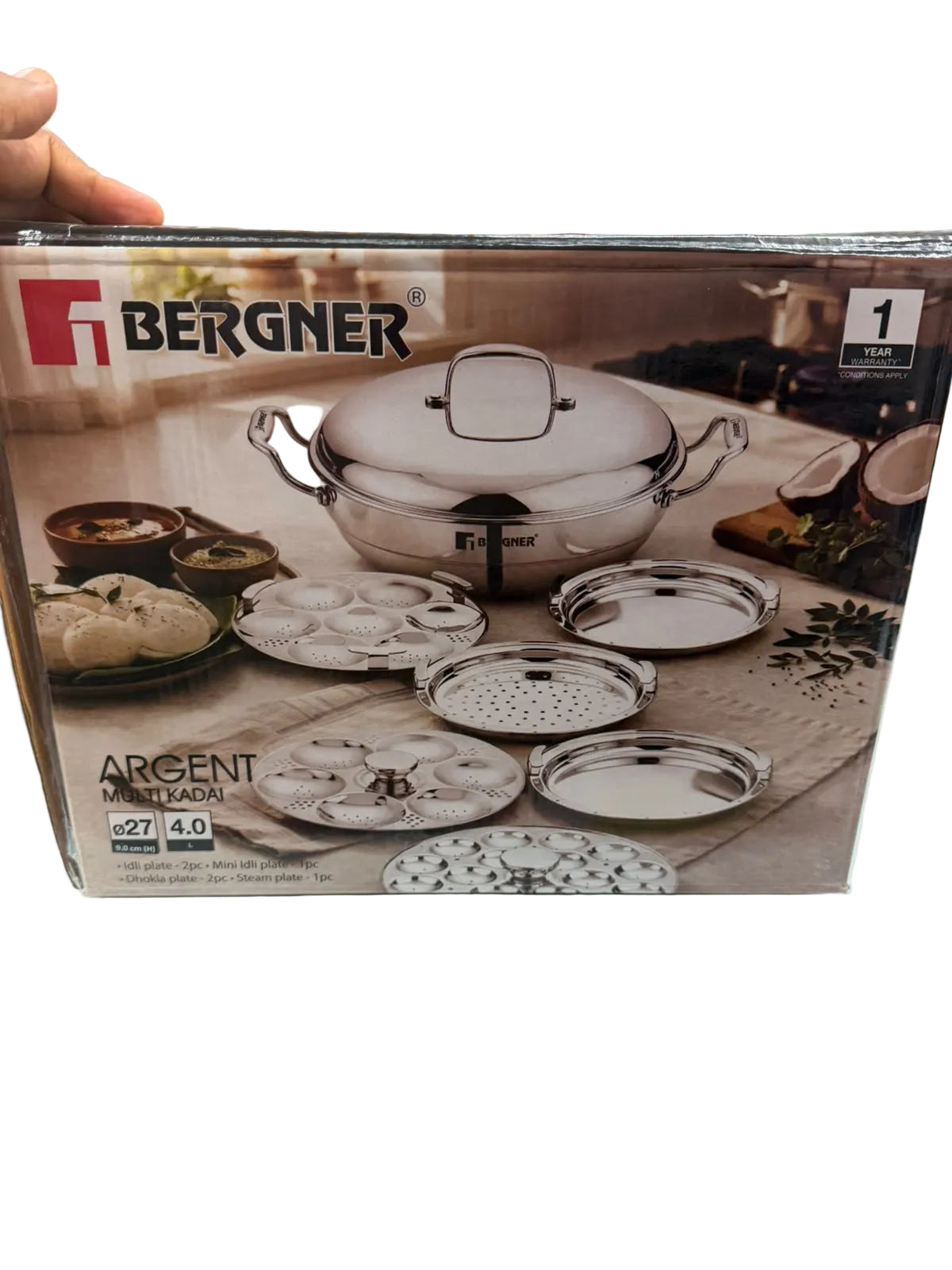 Bergner triply multi kadai set with 2 idli plates 2 dhokla plates and steam plate