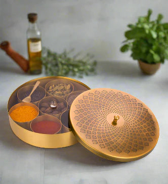 Pipal Rasoi Antique Brass Masala Dabba - Traditional Spice Box with 7 Compartments