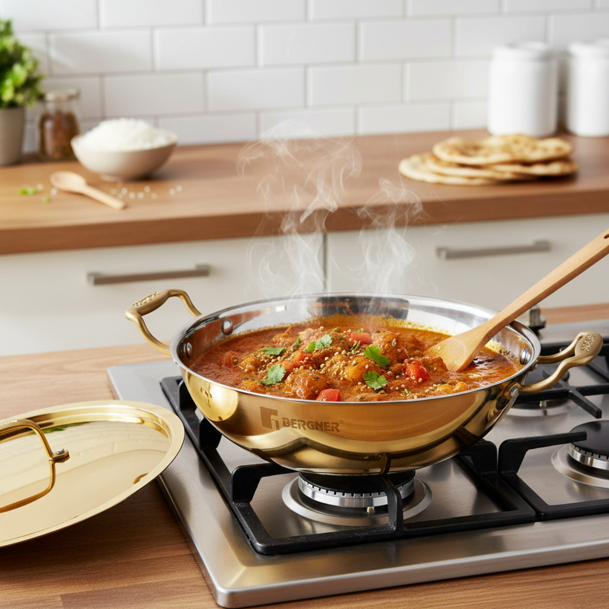 BERGNER brass kadhai set with lid kalai coated healthy cooking vessel