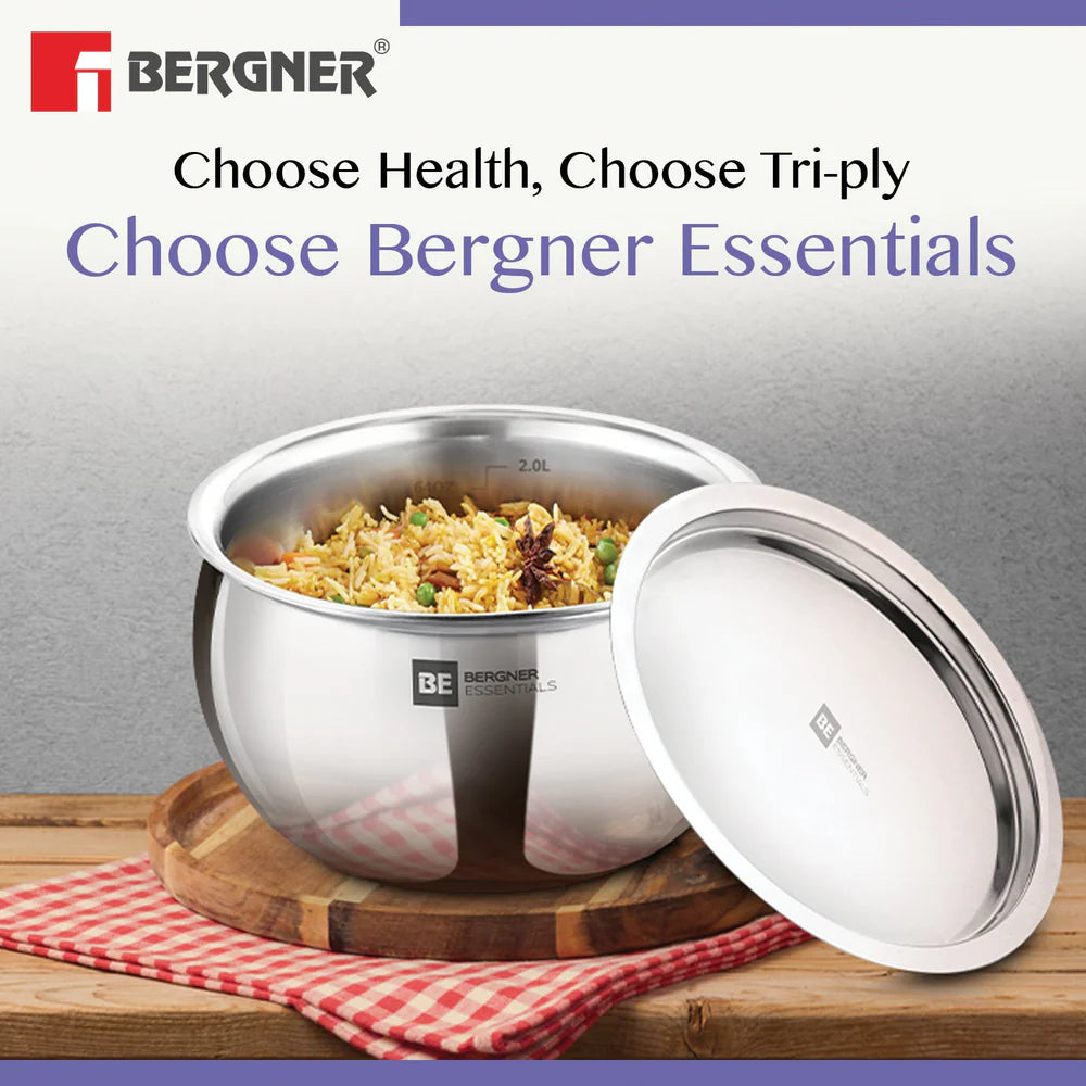 Bergner Essentials Tri-Ply Stainless Steel Rice Handi with Lid, Small, Even Heat Distribution, Induction & Gas Ready, Handle Free