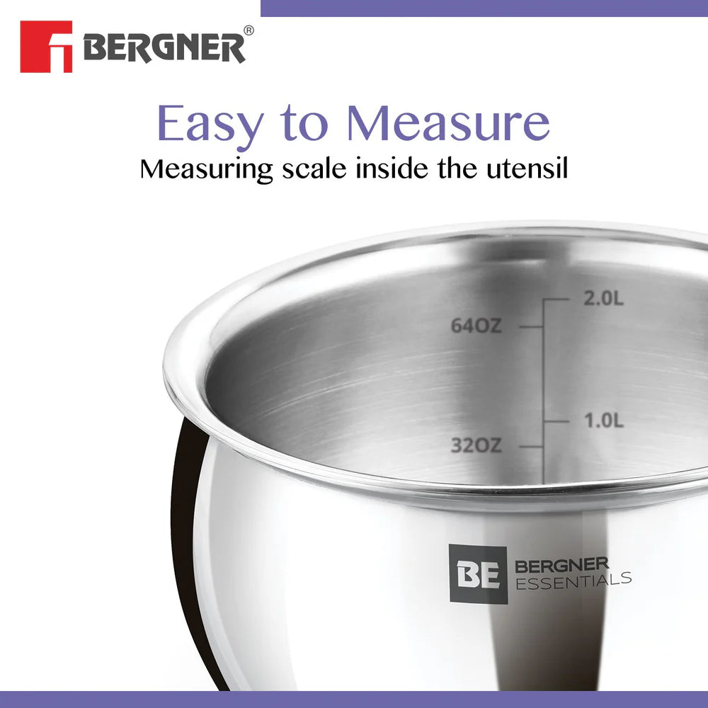 Bergner Essentials Tri-Ply Stainless Steel Rice Handi with Lid, Small, Even Heat Distribution, Induction & Gas Ready, Handle Free