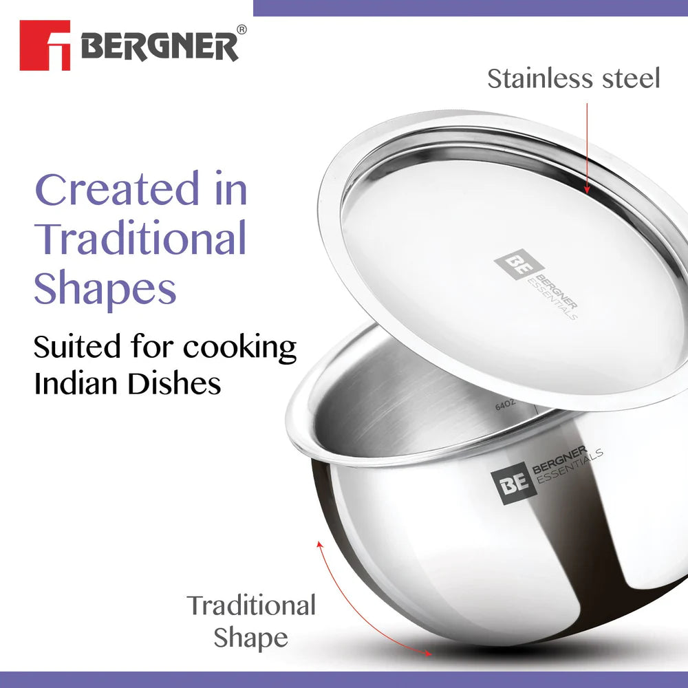 Bergner Essentials Tri-Ply Stainless Steel Rice Handi with Lid, Small, Even Heat Distribution, Induction & Gas Ready, Handle Free