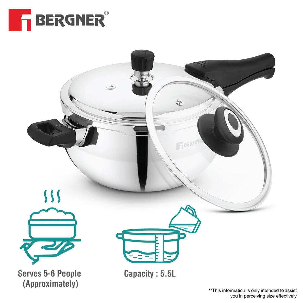 Bergner Paarth Tri-Ply Steel Pressure Cooker with Glass Lid