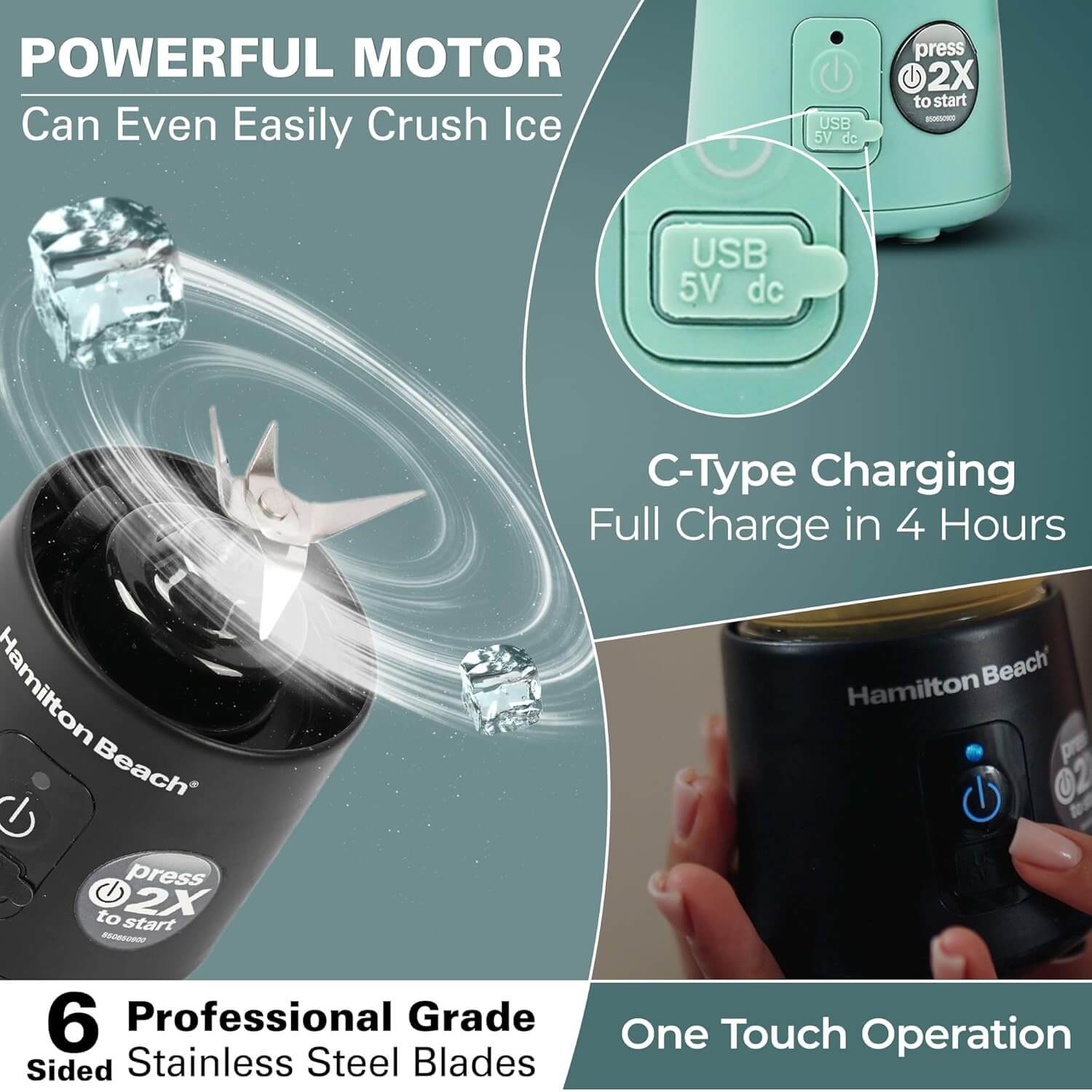 Hamilton Beach Portable Blender for Smoothies & Juices, Rechargeable Personal Blender - Aqua