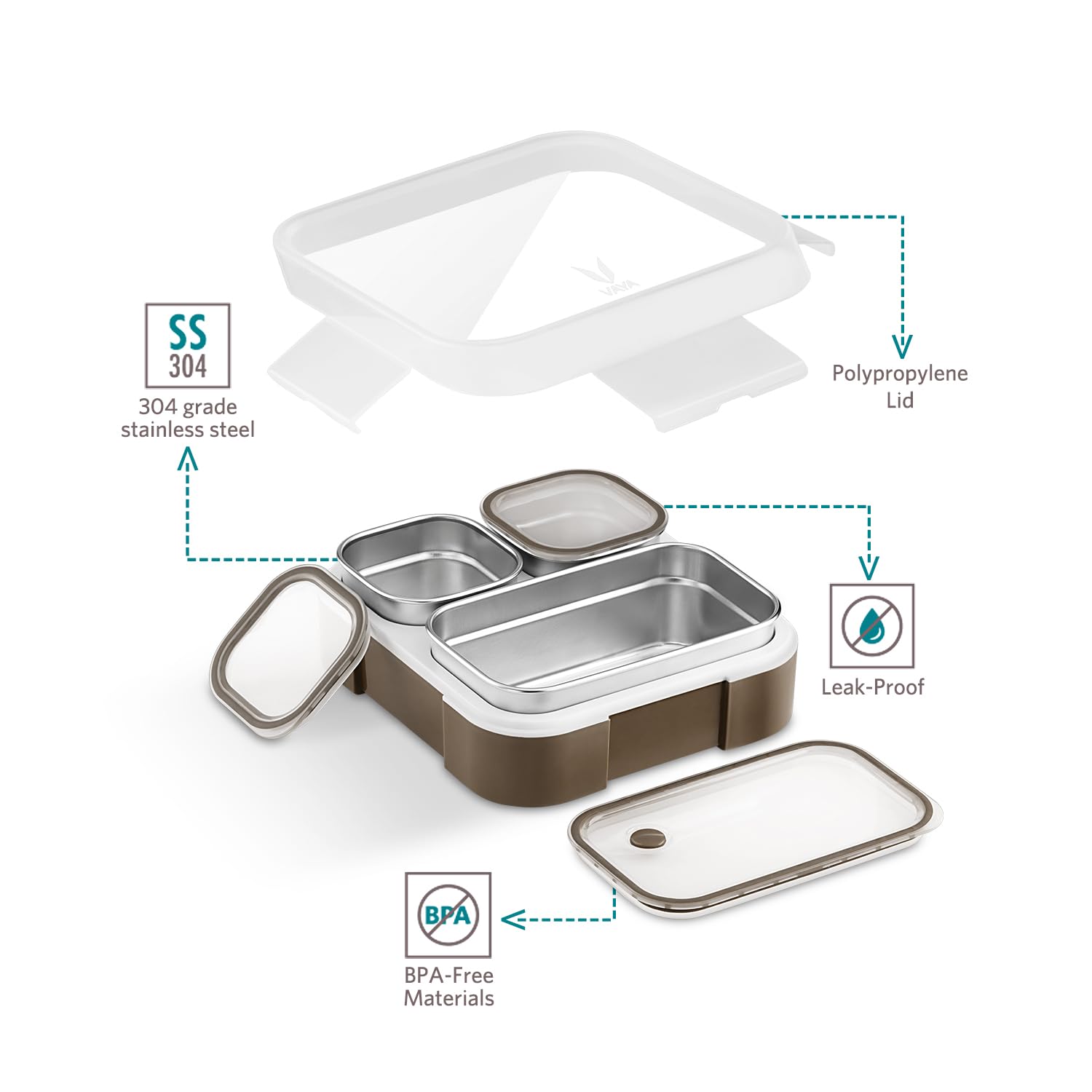 VAYA TYDBYT Stainless Steel Bento Lunch Box with 3 Leakproof Compartments – Perfect for Kids, Office & School
