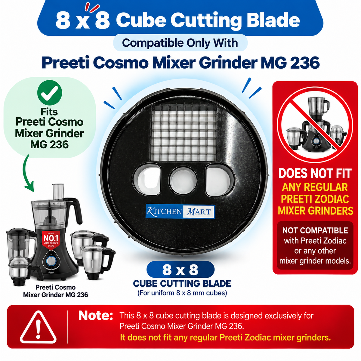 Replacement Cube Cutting Blade (Grid blade) Compatible with Preethi Zodiac Cosmo Mixer Grinder Only