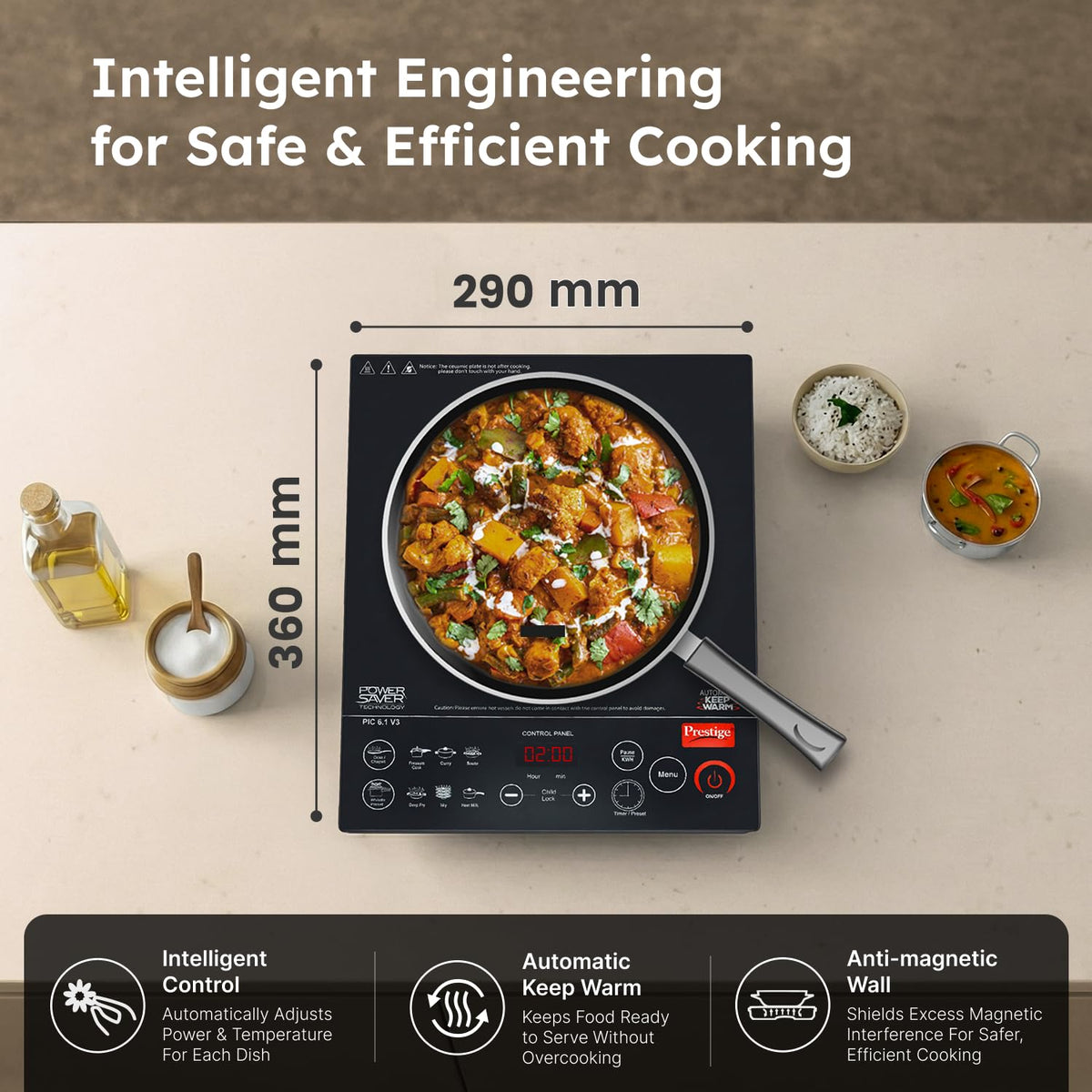 Prestige sleek black induction cooktop with anti-magnetic wall safety design