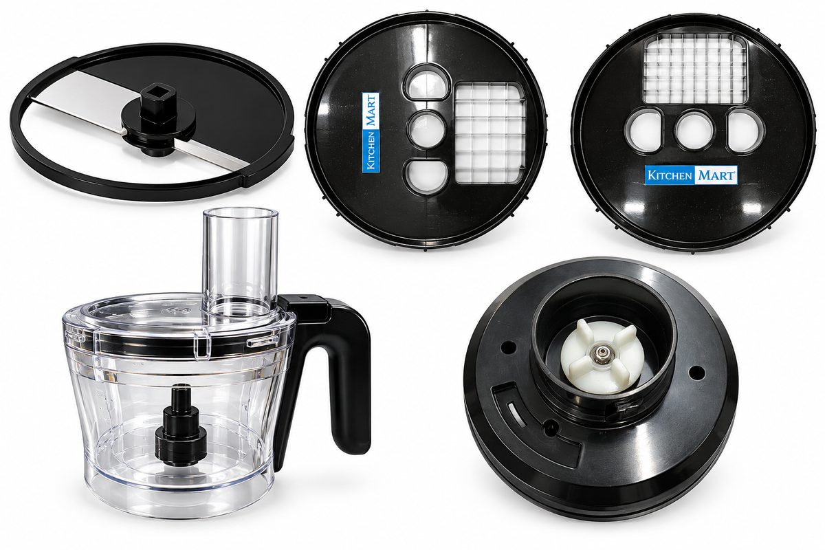 Kitchen Mart Food Processor Accessories Set for Cosmo FP – Bowl, Lid with Pusher, Cube Blades, Grid Cutting Blade &amp; Zodiac Gear Box