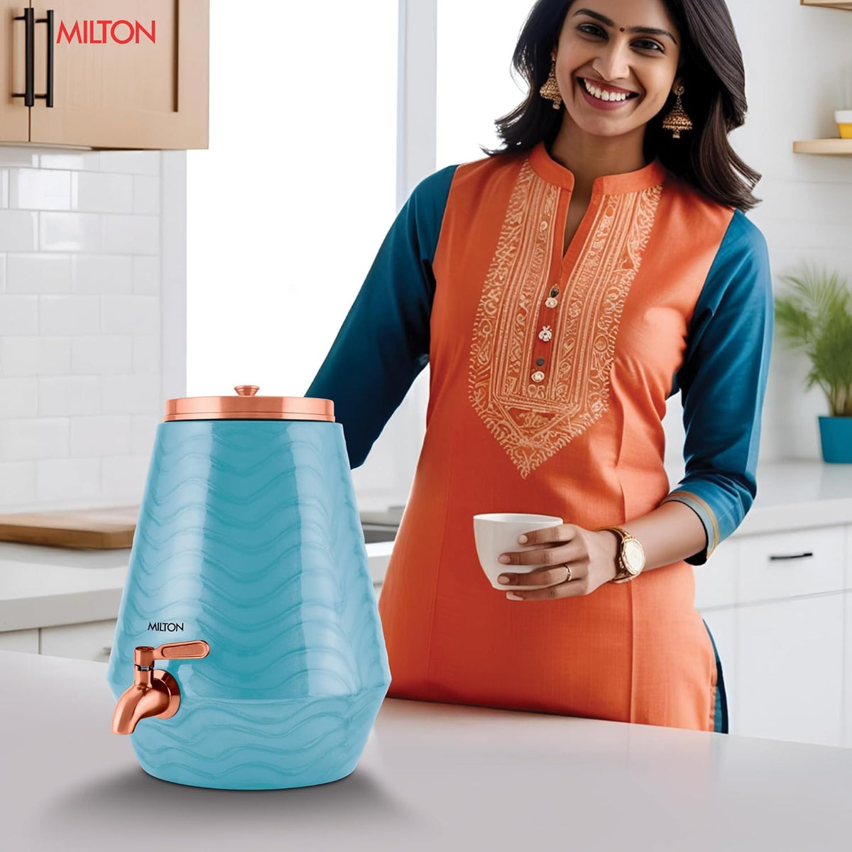 Milton Neerja 5 Litre Copper Water Dispenser in Modern Indian Kitchen - Leak Proof Blue Matka
