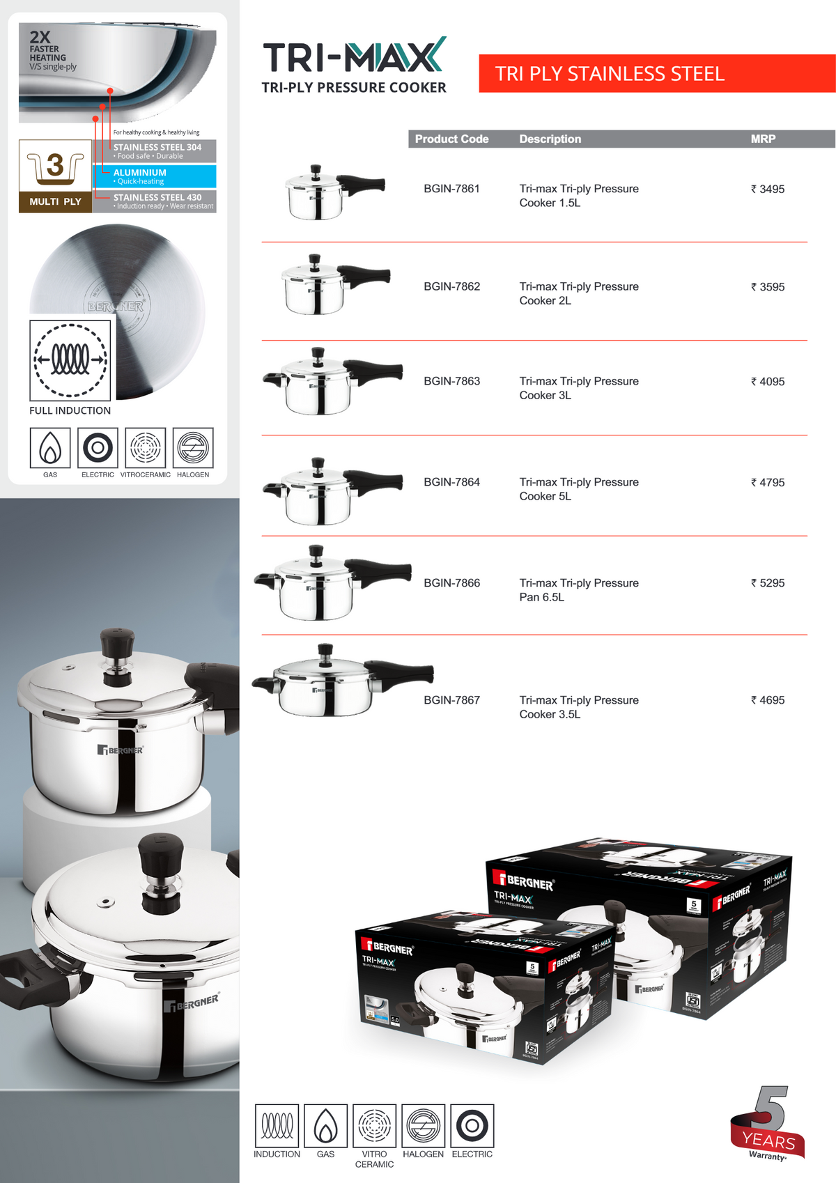 BERGNER TriMax Tri-Ply Stainless Steel Cooker With Outer Lid