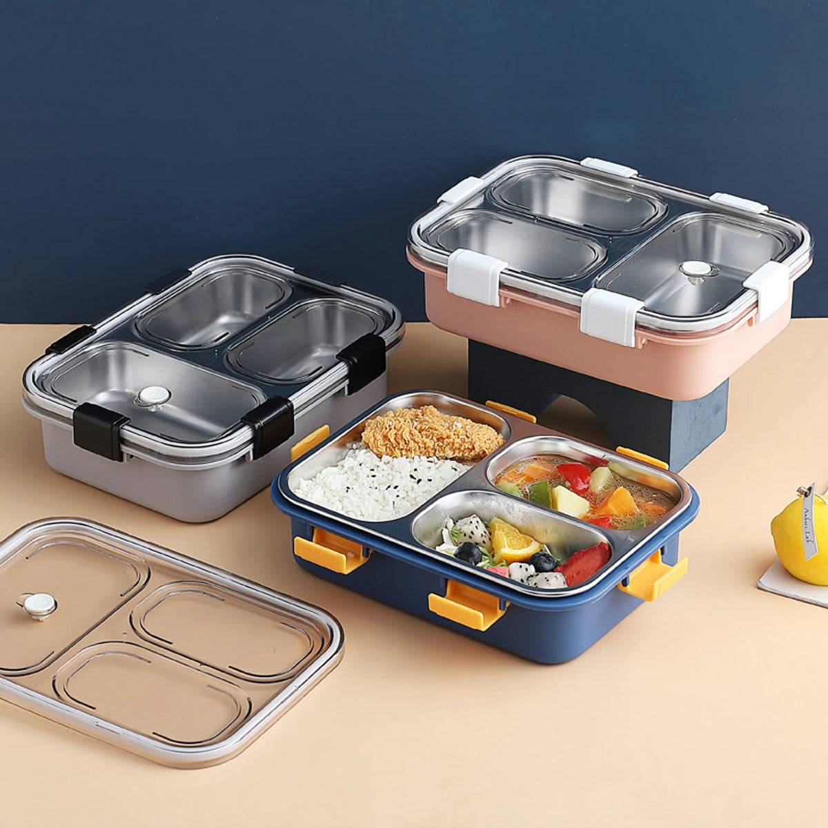 Lunch Box Compartment Stainless Steel with Spoon, for School, Lunch Box for Kids, Lunch Box for School & Office with a Fork, a Spoon and a Pair of Chopsticks