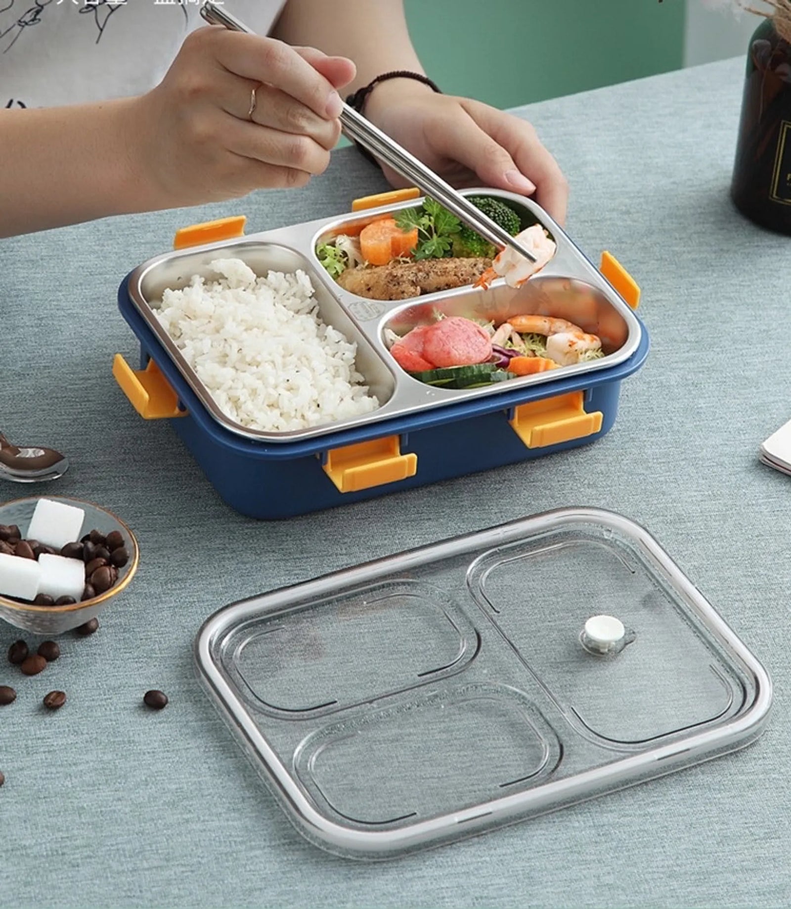 Lunch Box Compartment Stainless Steel with Spoon, for School, Lunch Box for Kids, Lunch Box for School & Office with a Fork, a Spoon and a Pair of Chopsticks