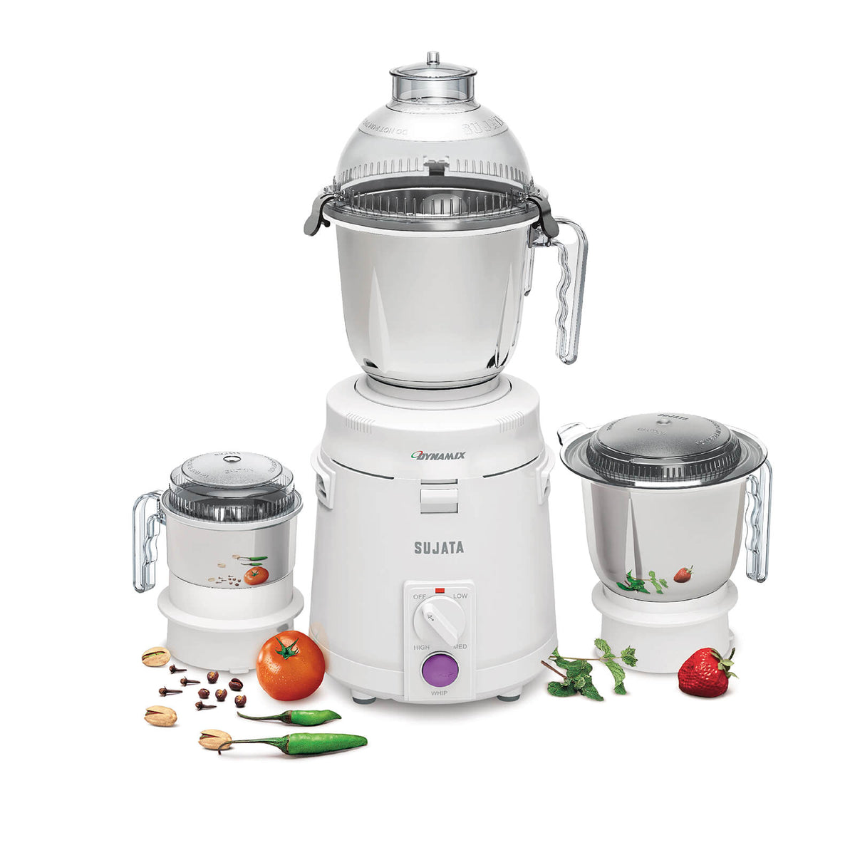 Sujata Dynamix 900W mixer grinder in white color with 1.5L dome jar, 1L grinding jar and 500ml chutney jar
