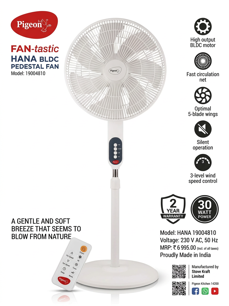 Pigeon FAN-tastic BLDC pedestal fan front view showing circulation net and 5-blade wings