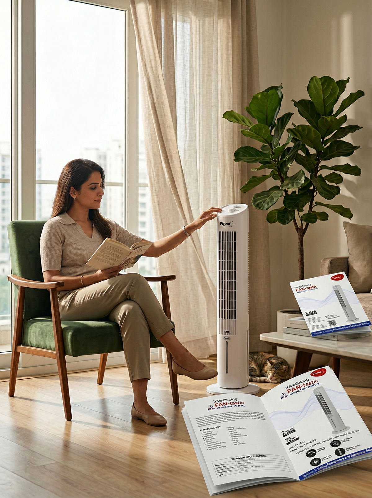 Manual tower fan by Pigeon with water chamber aroma tray wide oscillation for bedrooms