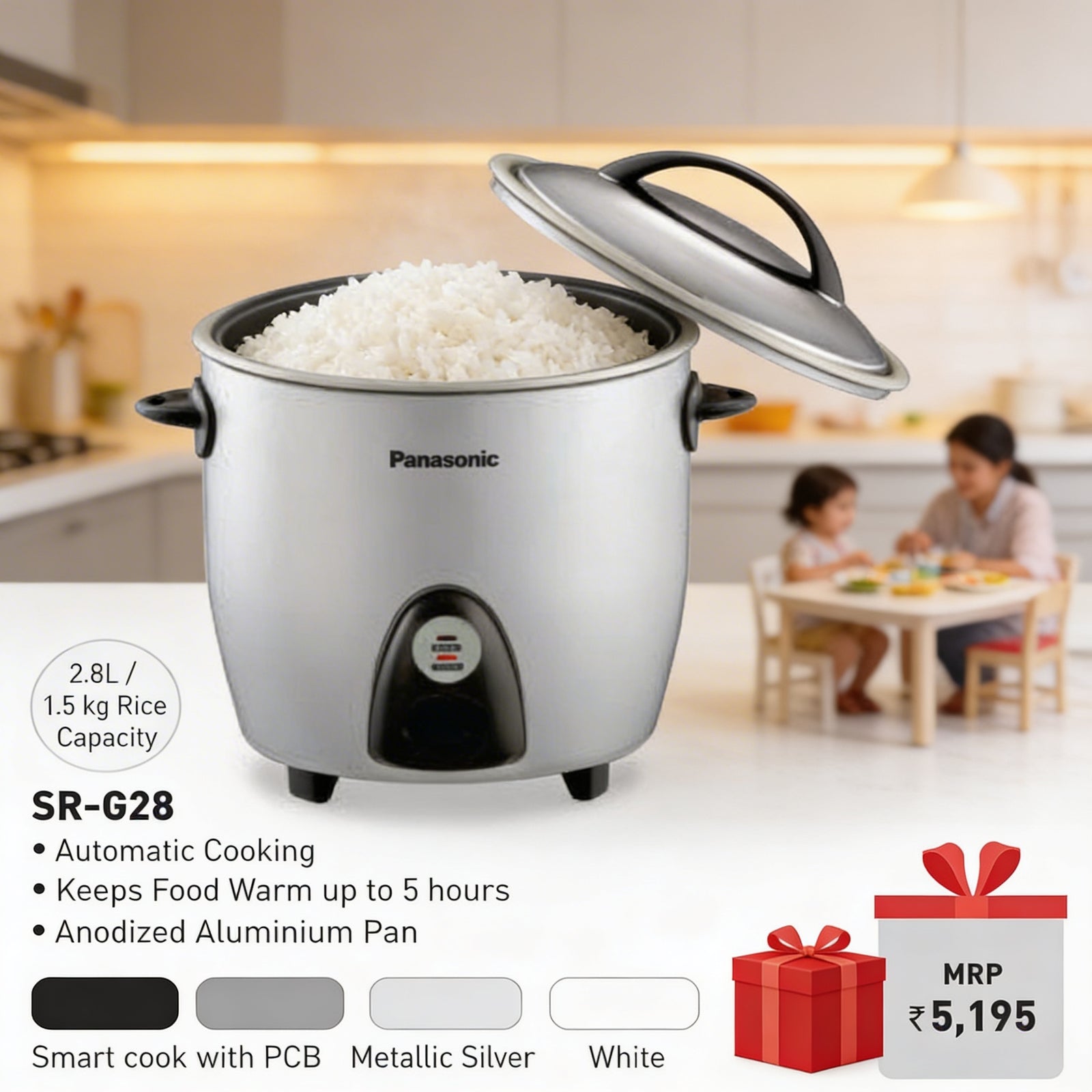 Panasonic SR-G28 2.8 litre automatic electric rice cooker in metallic silver finish with stainless steel lid