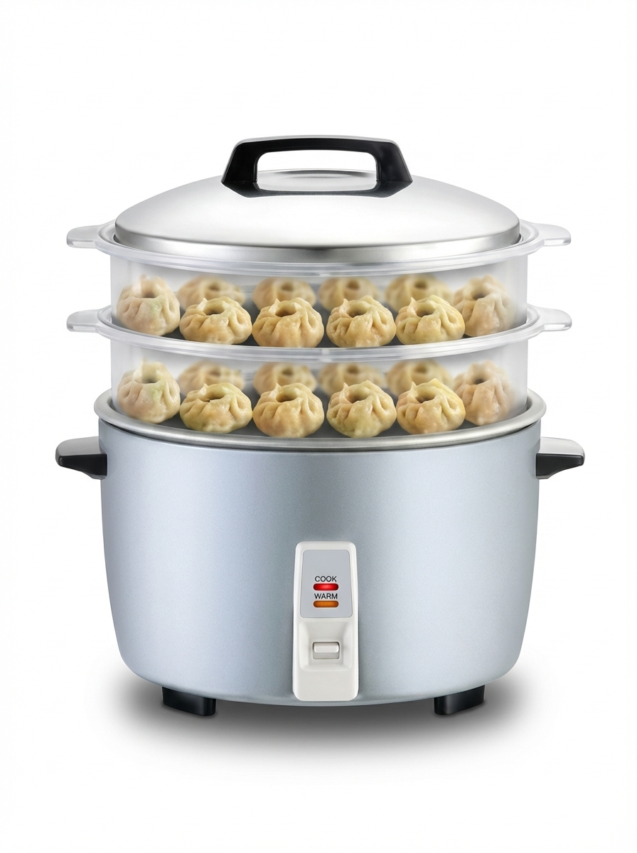 Panasonic SR-942D SS 4.2L automatic rice cooker with double polycarbonate steaming baskets loaded with momos