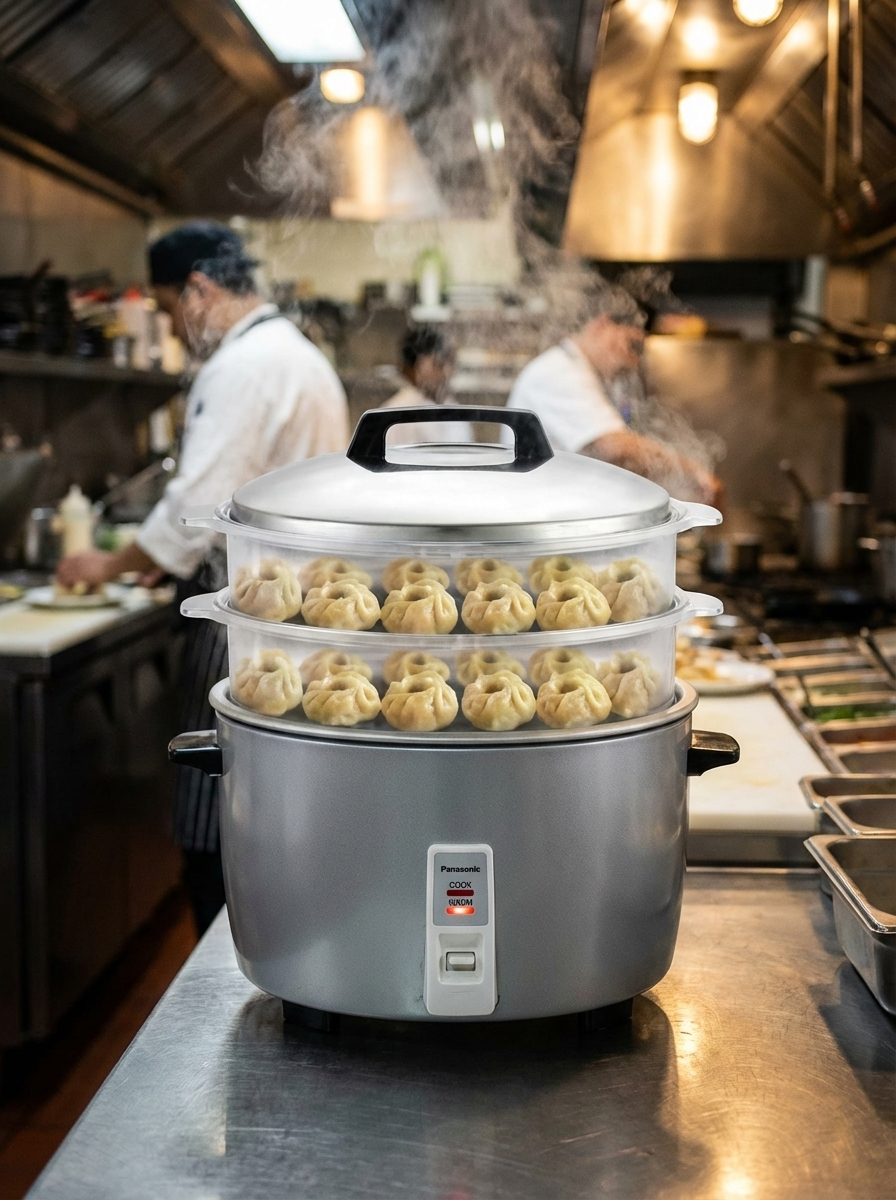 Panasonic SR-942D SS 4.2L automatic rice cooker with double polycarbonate steaming baskets loaded with momos