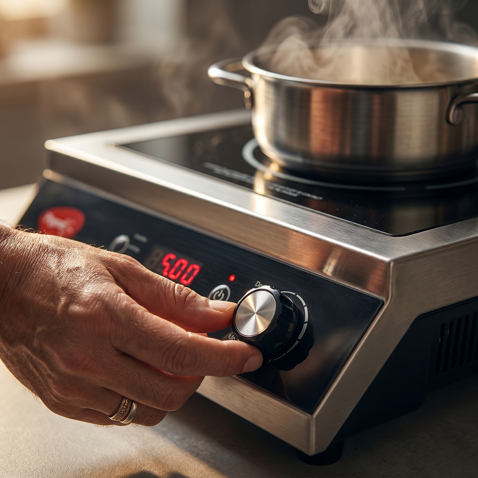 Hand adjusting the knob on a portable electric stove with a pot of boiling Heavy duty stainless steel Pigeon Egnite cooktop for cloud kitchens dhabas and home usewater.