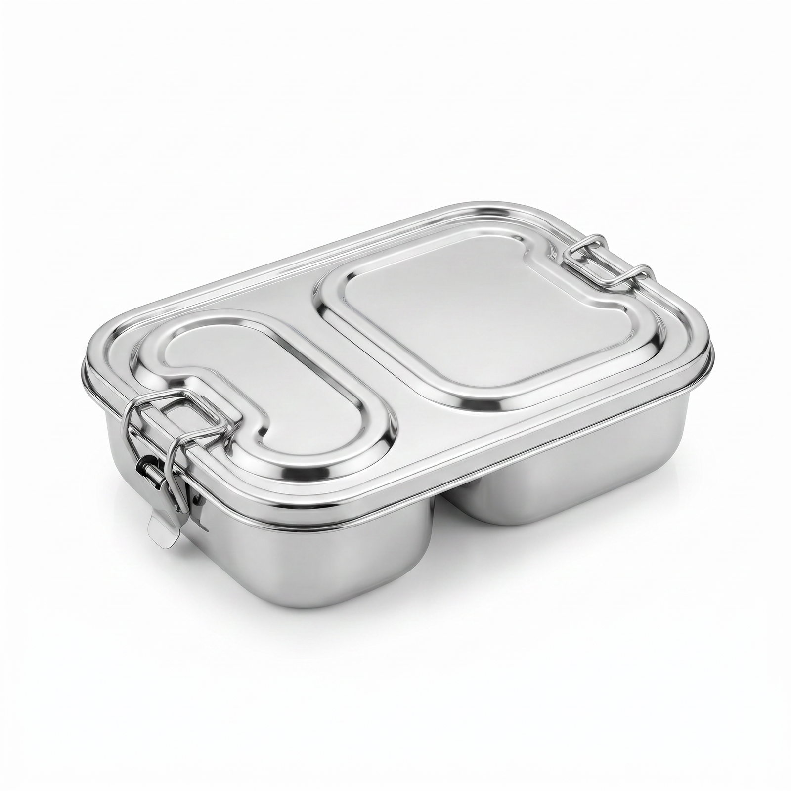 Kitchen Mart stainless steel bento box with two compartments and clip lock lid in high gloss SS 304 finish
