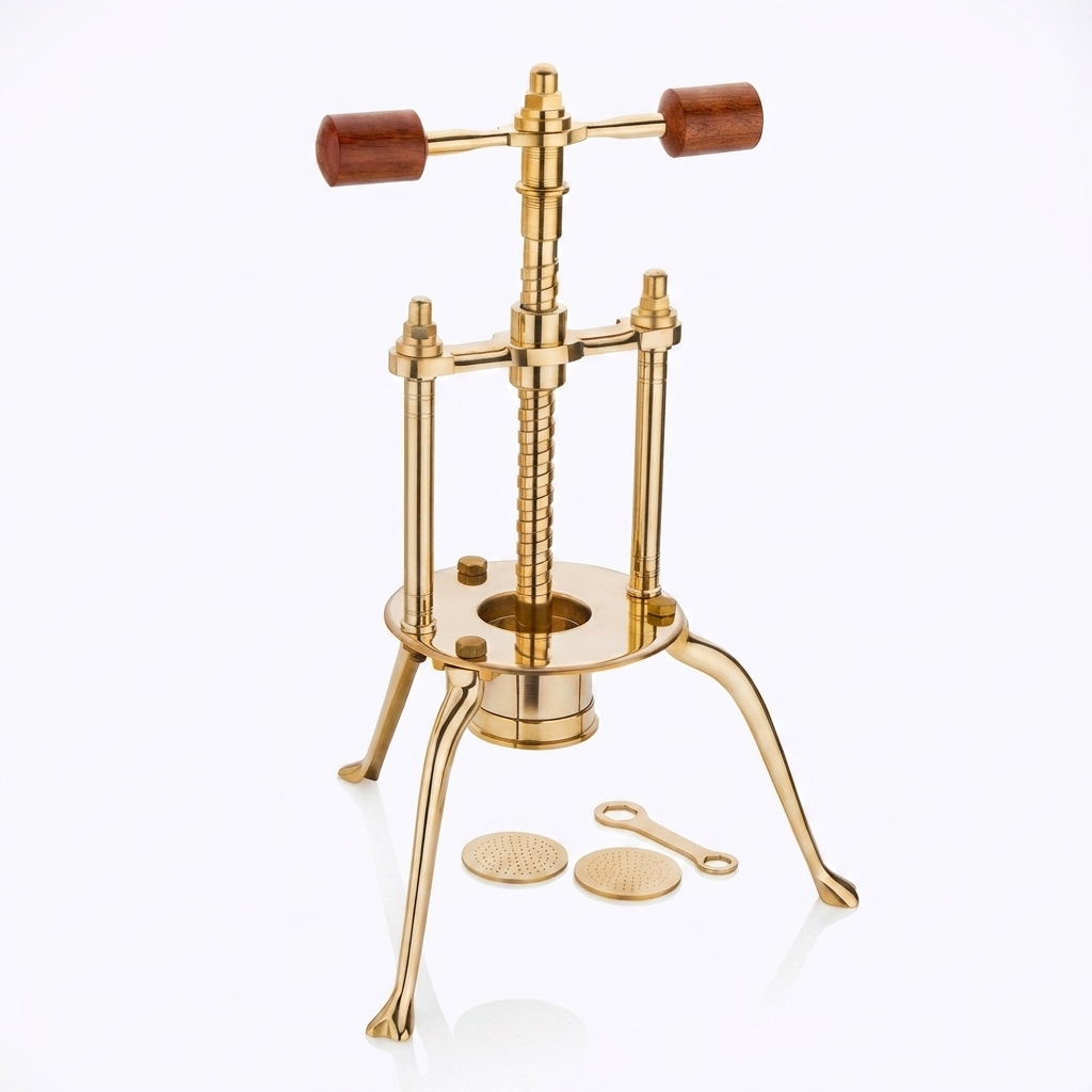 Hallmark pure brass sevaga maker with twin wooden handles and tripod stand