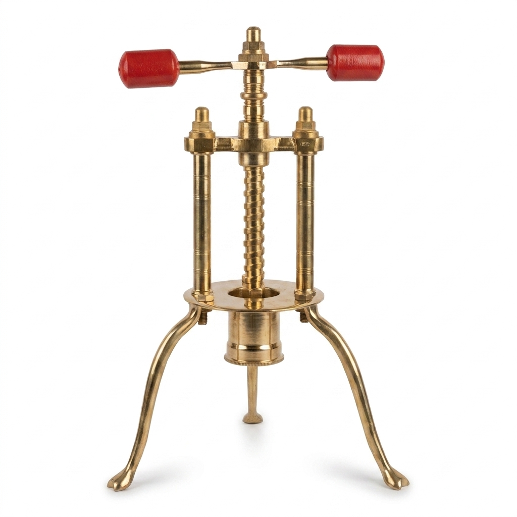Hallmark pure brass sevaga maker with twin wooden handles and tripod stand