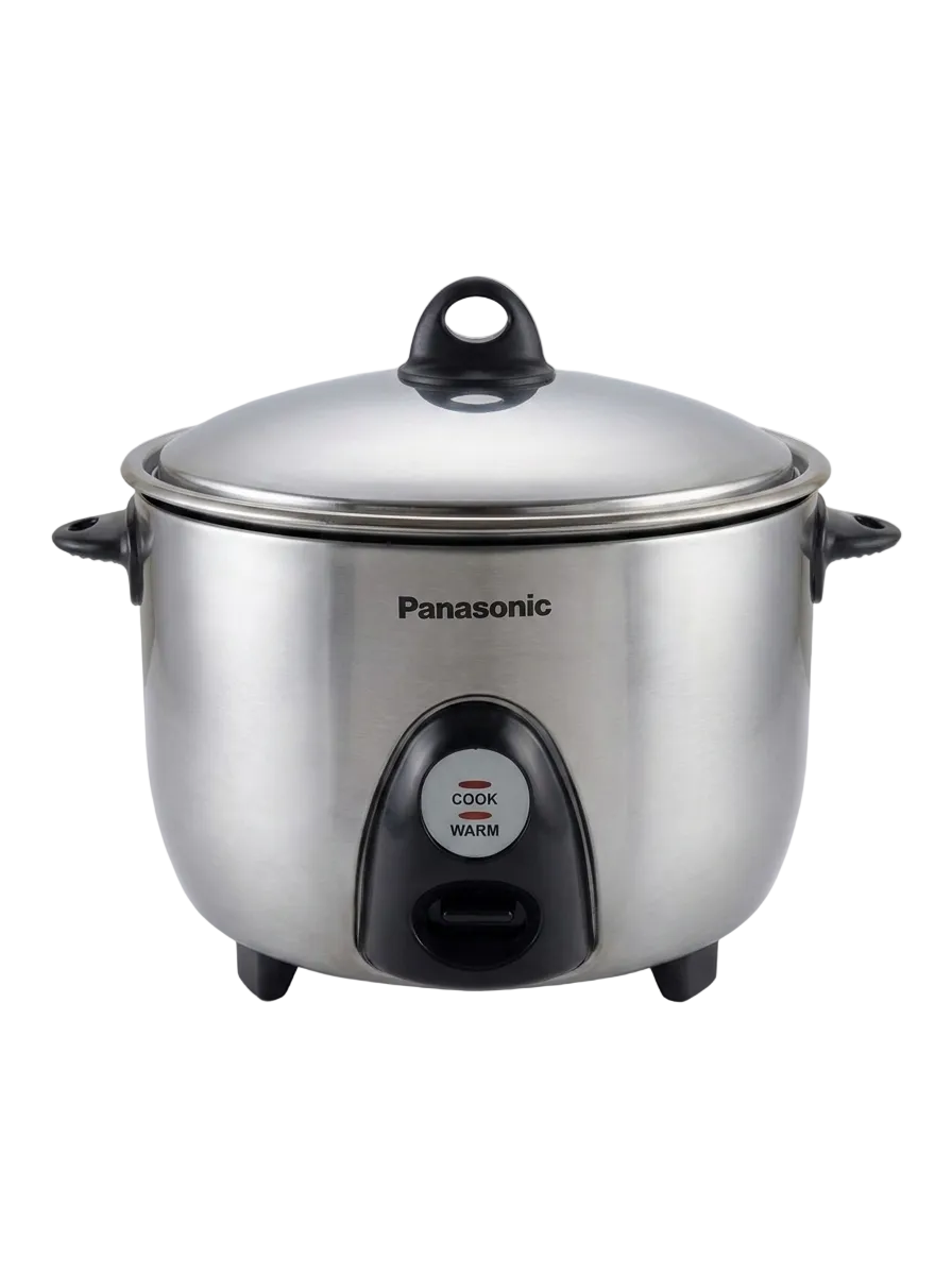 Panasonic electric rice cooker with a stainless steel body, black plastic feet and handle grips, and a glass lid, shown on a light gray background. G18