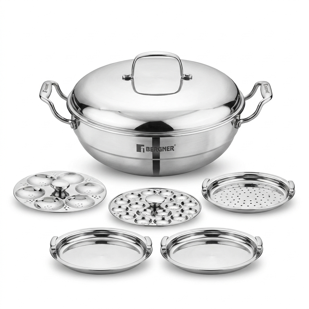Bergner Argent Triply Multi Kadai 27cm 4L stainless steel with steel lid