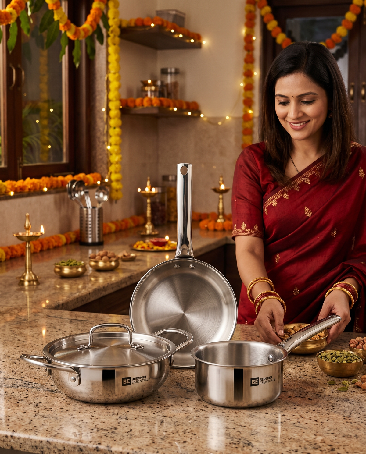 Bergner Essentials Triply Stainless Steel Mini Cookware Set, 4 Pcs – 14cm Frypan, 12cm Saucepan, 14cm Kadai with Lid
