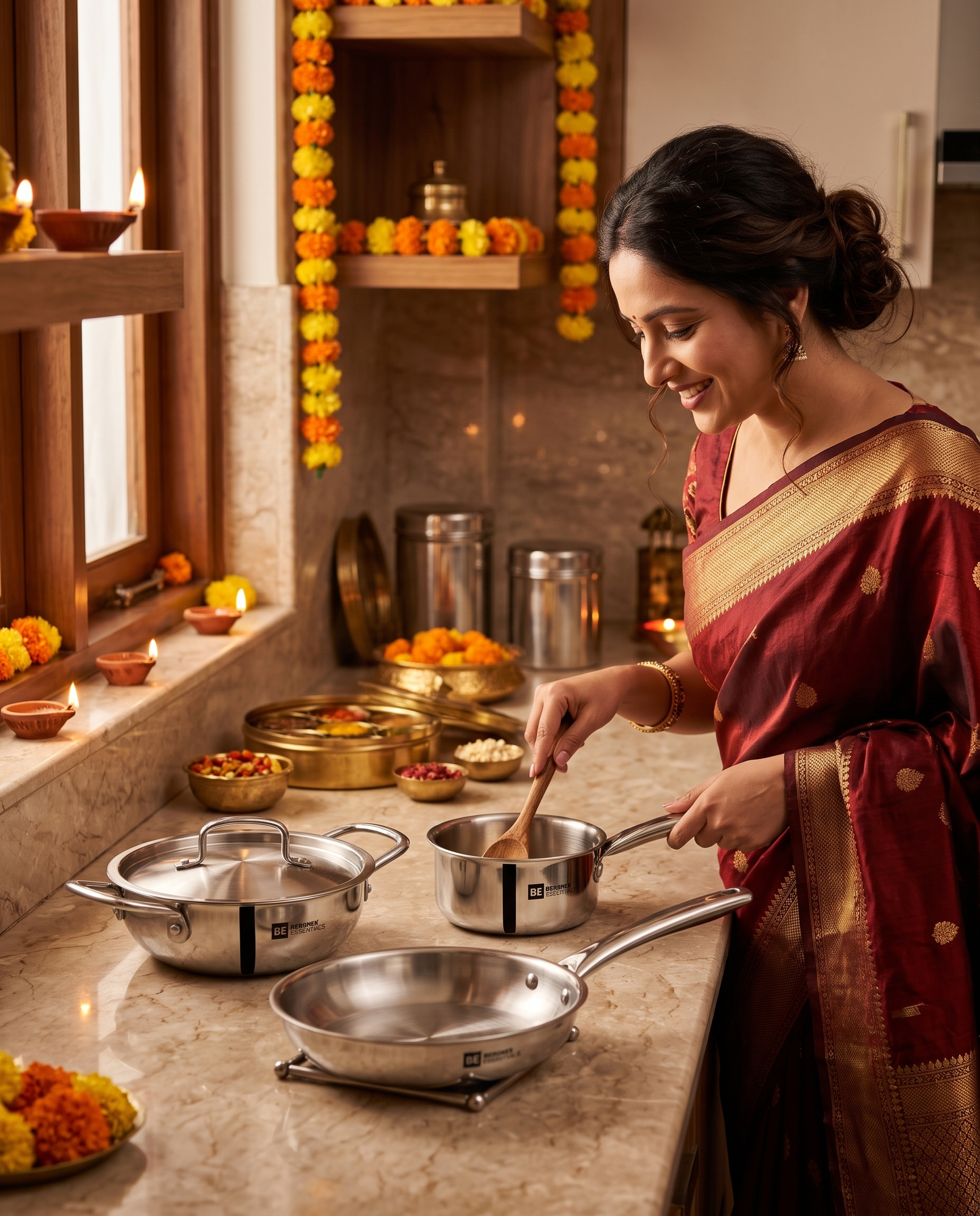 Bergner Essentials Triply Stainless Steel Mini Cookware Set, 4 Pcs – 14cm Frypan, 12cm Saucepan, 14cm Kadai with Lid