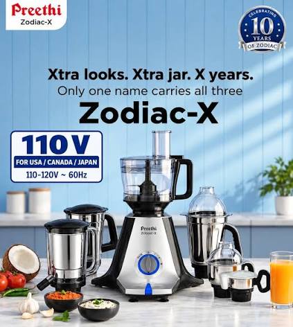 Preethi Zodiac X 10th Anniversary Edition 110V mixer grinder, 110–120V ~60Hz, for USA, Canada and Japan
