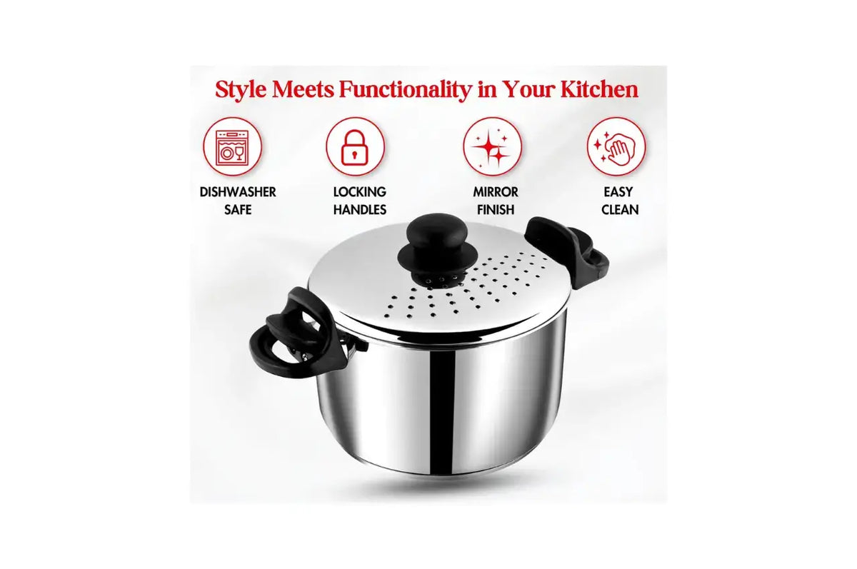 Diamond brand multi-purpose strainer pot with secure locking handle mechanism